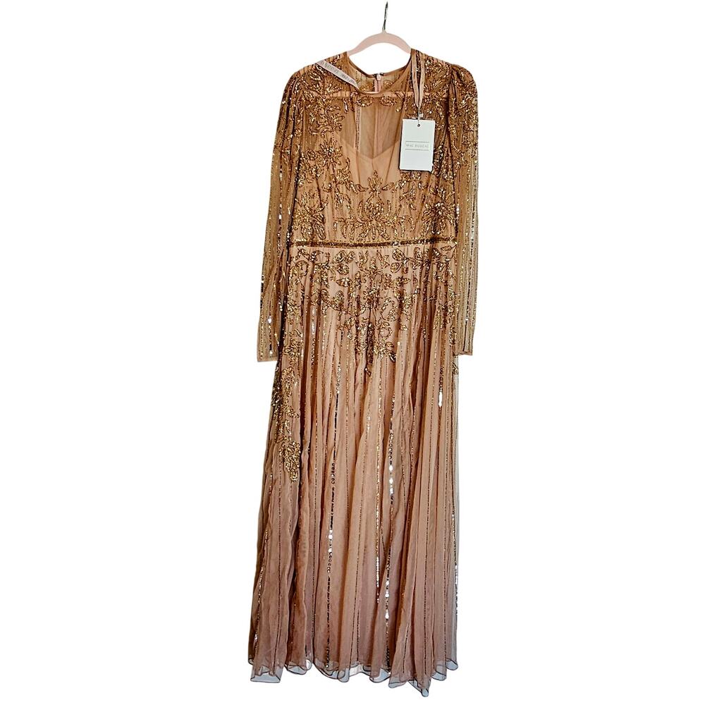 Mac Duggal Beaded Illusion Puff Sleeve Gown - Nude Gold Size 16 - NWT - Picture 3 of 14